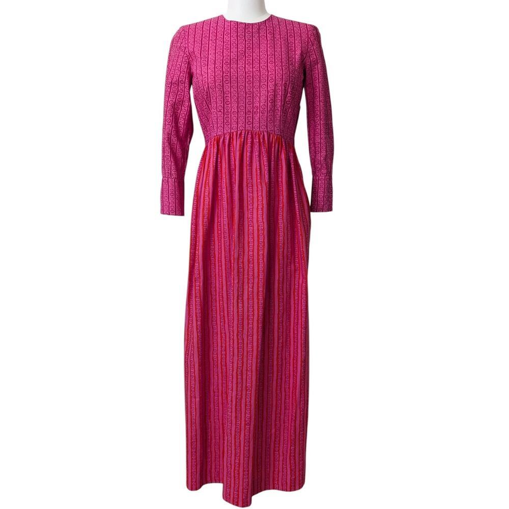 RARE Marimekko Pink Kukkaraita Design Vuokko Nurmesniemi 60s Cotton Maxi Dress - Picture 2 of 15